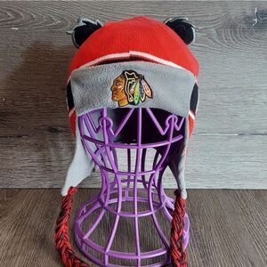 Kids Red Chicago Blackhawks Wordmark Ears Trooper Knit Tassel Hat
